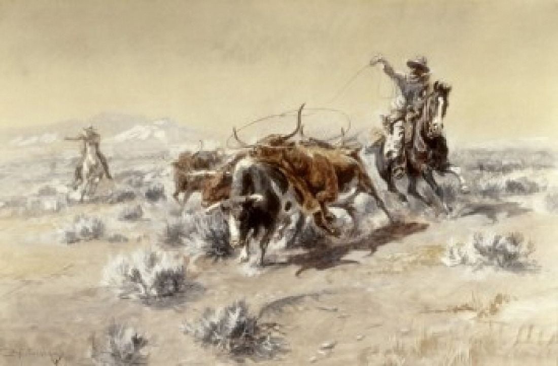 Roping The Longhorns Charles Marion Russell (1865-1926 American) Canvas Art - Charles Marion Russell (24 x 36)
