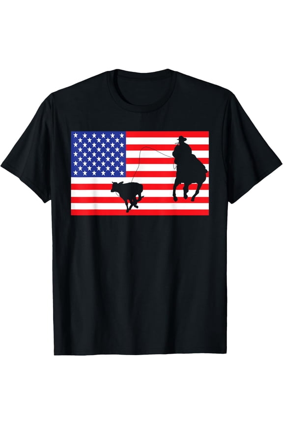 Roping USA American Flag Rodeo Calf Roper 4th Of July T-ShirtMen and women, Black T-shirt, size: Extra large