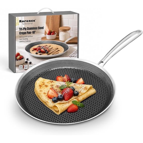 Rorence 10 Inch Hybrid Nonstick Crepe Pan, Tri-Ply Stainless Steel Flat Skillet, Griddle Pan Induction Compatible