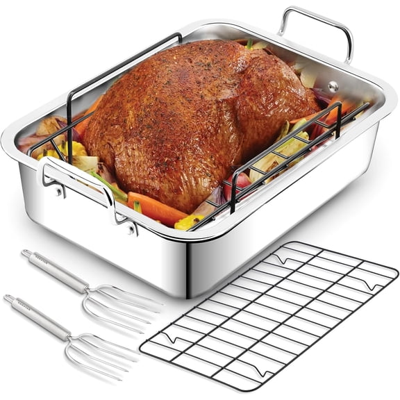 Rorence 16" x 12" Roasting Pan with Rack, Stainless Steel Large Turkey Roaster Set