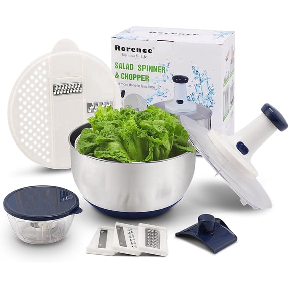 Rorence 3 in 1 Salad Spinner Set, Non-slip Vegetable Chopper with 5 Blade Slicer, 5 QT Stainless Steel Mixing Bowl, Lettuce Washer
