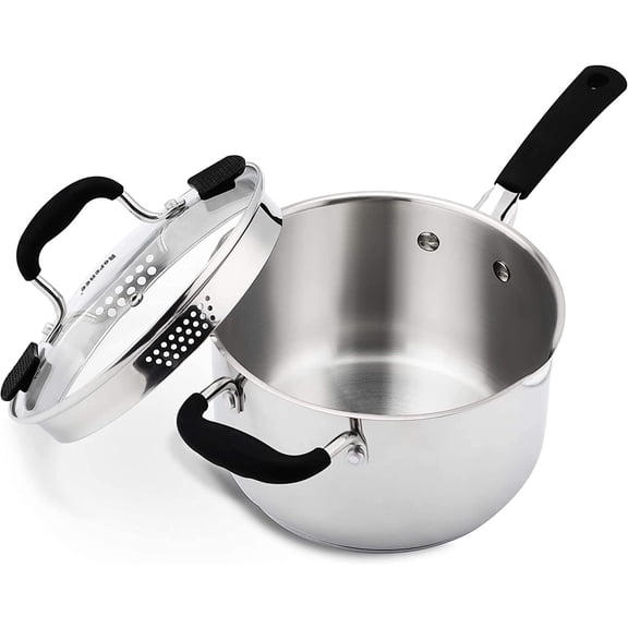 Rorence 3.7 Quart Stainless Steel Saucepan with Tempered Glass Strainer Lid, Sauce Pan with Two Sides Pour Spout and Riveted Silicone Handles