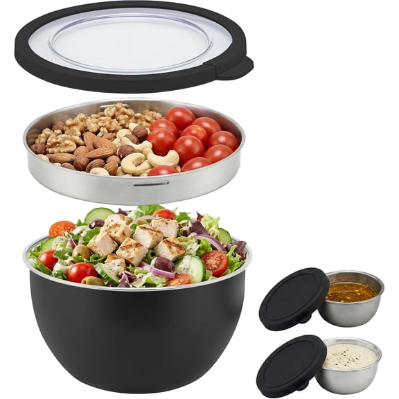 Rorence 3 QT Salad Bowl Kit, 18/8 Stainless Steel Mixing Bowl with Airtight Lid & Non-Slip Base, Black