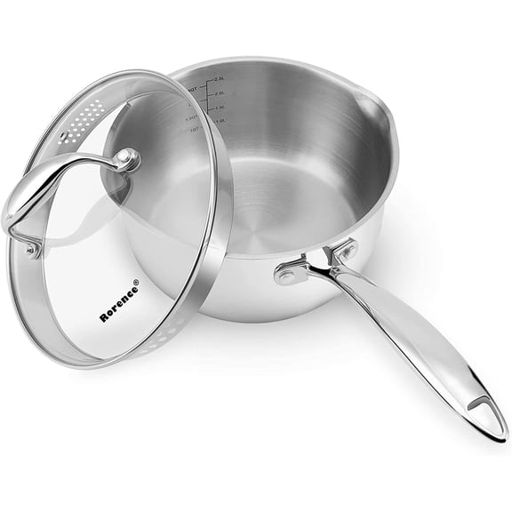 Rorence 3 Quart Stainless Steel Saucepan with Pour Spouts, Straining Lid and Capsule Bottom