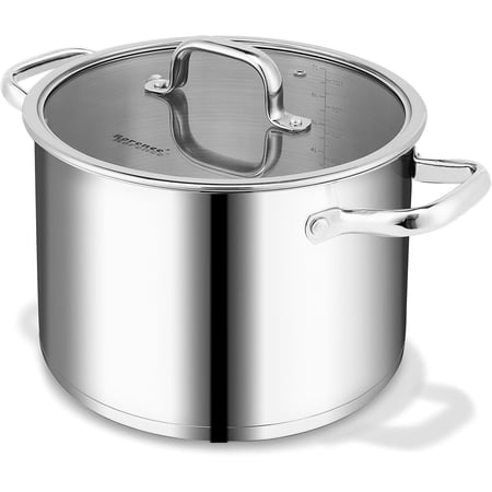 Rorence 8 QT Stainless Steel Stock Pot with Glass Lid, Tri-Ply Base Cooking Pot Induction Compatible