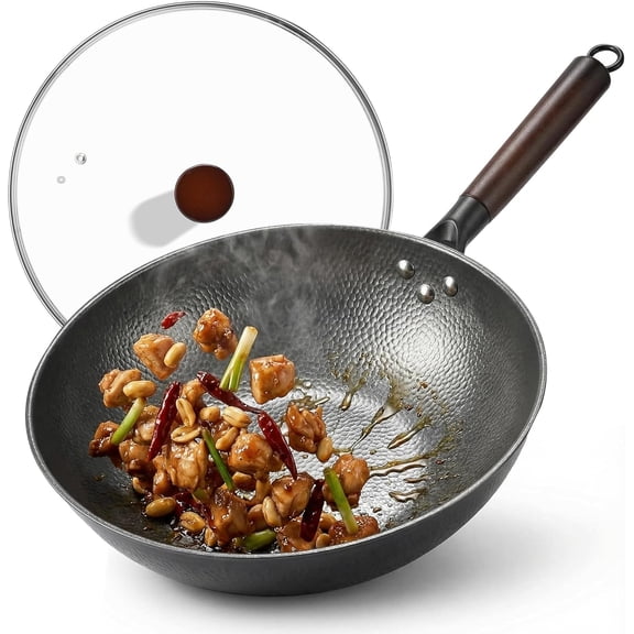 Rorence Carbon Steel Wok Pan, 13 Inch Nonstick Wok with Glass Lid