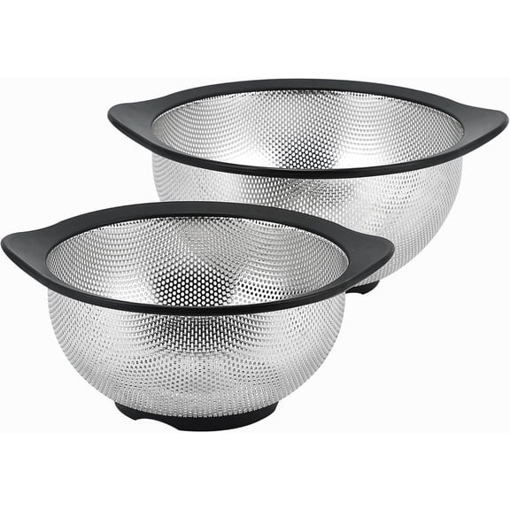 Rorence 2 Pack Colanders Set, Stainless Steel Food Strainers with Non-slip Handles and Resting Base, 2.5/4.3 QT