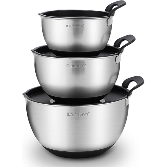Rorence Stainless Steel Nesting Mixing Bowls Set with Pour Spout, Lids and Handles, 3-Piece Non-Slip Salad Bowls, Black