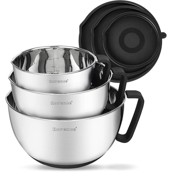 Rorence 3-Piece Non-Slip Mixing Bowls Set, Stainless Steel Nesting Salad Bowls with Pour Spout, Handle and Lids, 1.5/3/5 Quart, Black