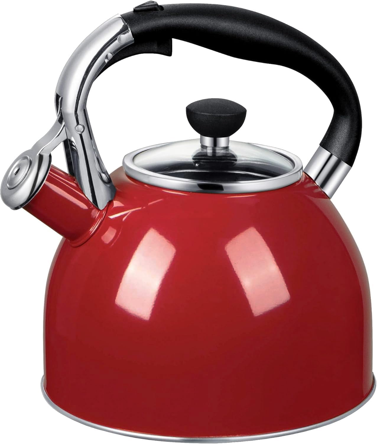 Rorence Whistling Tea Kettle 2.5 Quart Stainless Steel Tea Pot for Stove Top with Capsule Bottom and Heat-Resistant Glass Lid, Red