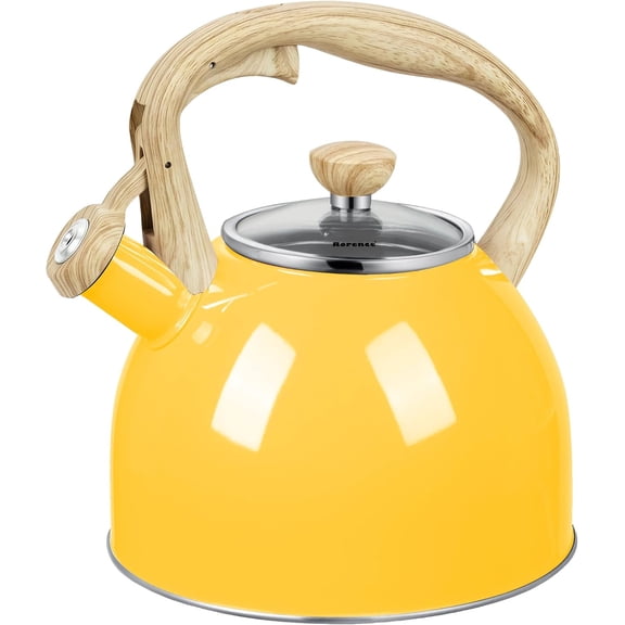Rorence Whistling Stovetop Tea Kettle 2.5 QT Stainless Steel Tea Pot with Capsule Bottom and Glass Lid, Yellow