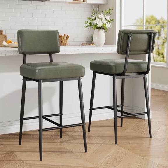 Roromall 2-Piece Bar Stools, 26" Faux Leather Counter Height Bar Stool with Back, Metal Legs, Modern Upholstered Barstool Chairs for Island, Counter Bar, Kitchen