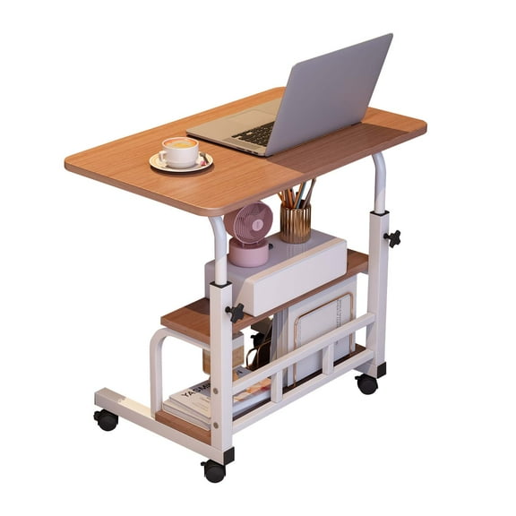Roromall 23.6" Adjustable Height Portable Rolling Desk Mobile Standing Desk, Small Computer Table, Mobile Stand Up Table with Wheels & Storage Shelves for Home Office School