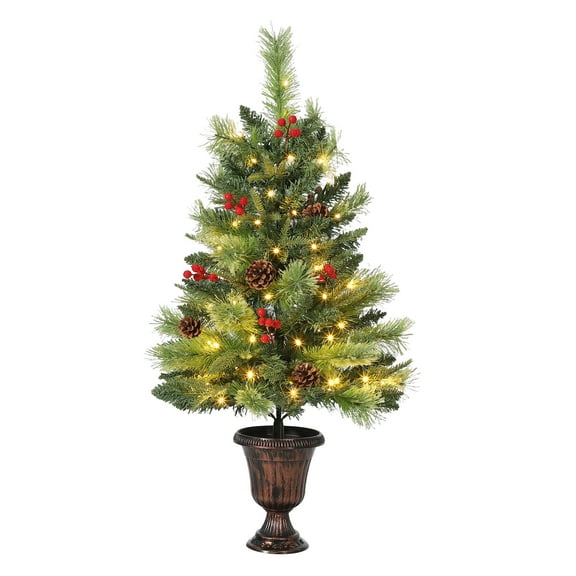 Roromall 3 FT Small Christmas Tree for Tabletop, Mini Artificial Christmas Tree with 70 LED Warm Lights, Pine Cone & Red Berry, Xmas Tree for Home, Office, Holiday Indoor Outdoor Decor
