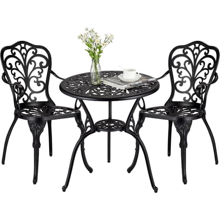 Roromall 3-Piece Outdoor Bistro Set, Cast Aluminum Patio Furniture for All Weather Use, Rust-Proof Garden, Porch & Backyard Seating Set with Umbrella Hole