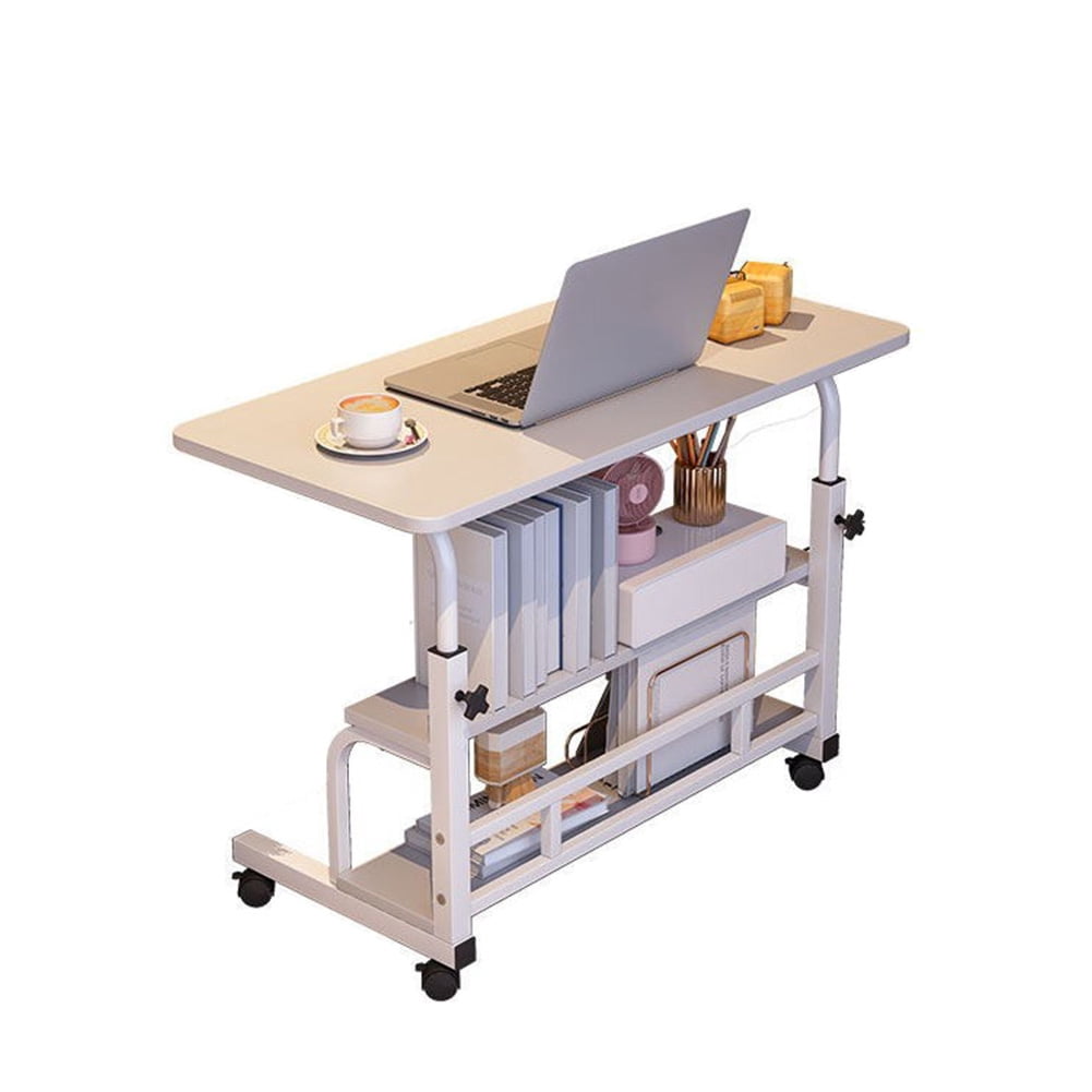 Roromall 31.5" Adjustable Height Portable Rolling Desk Mobile Standing Desk, Small Computer Table, Mobile Stand Up Table with Wheels & Storage Shelves for Home Office School