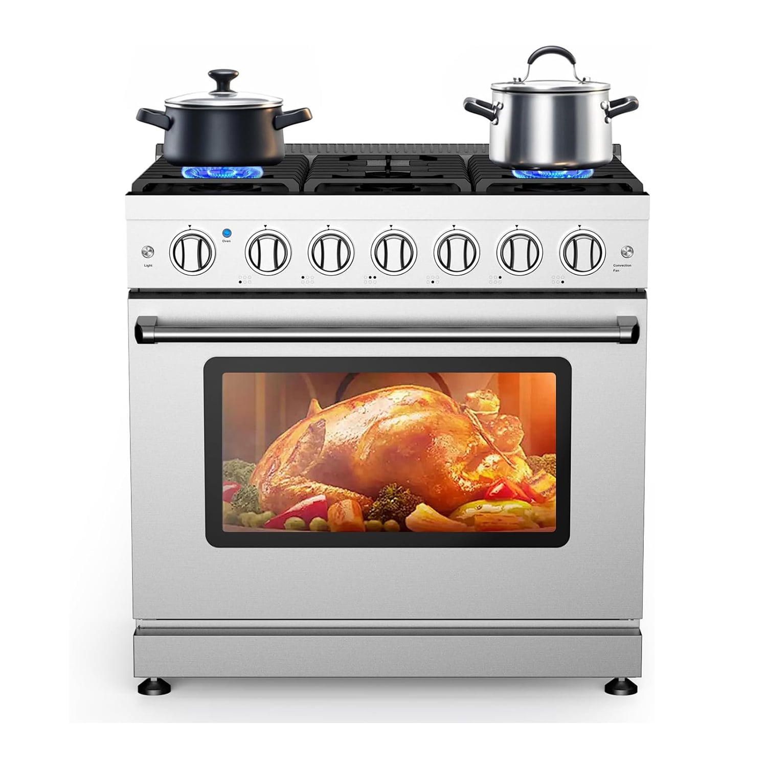 Roromall 36" Freestanding Gas Range Stove with 6 Sealed Gas Burner & 6.0 Cu.Ft Electric Convection Oven, Stainless Steel Dual Fuel Range, Slide-In Gas Range Combo for Home and Commercial Use