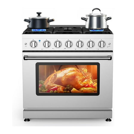Roromall 36" Freestanding Gas Range Stove with 6 Sealed Gas Burner & 6.0 Cu.Ft Electric Convection Oven, Stainless Steel Dual Fuel Range, Slide-In Gas Range Combo for Home and Commercial Use
