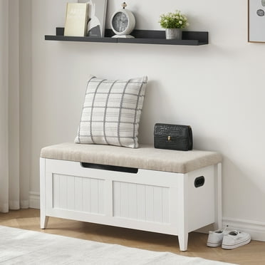 Roromall 39.37" Storage Bench Entryway Bench with Seat Cushion, 2 Safety Hinges, Storage Trunk, Shoe Bench Storage Chest for Entryway, Living Room, Bedroom, White