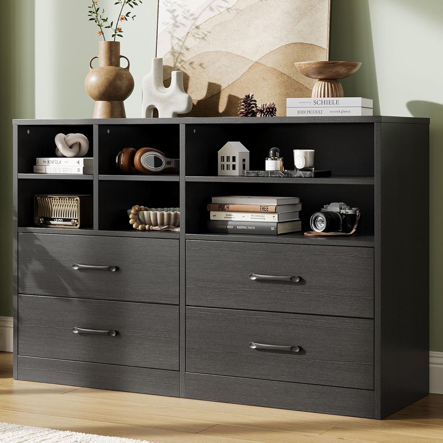 Roromall 4 Drawer Dresser with 6 Adjustable Open Cubbies, Modern Oak ...