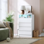 Roromall 4 Drawer Dresser with Power Outlet, Accent Chests of Drawers with LED Light, Modern White Storage Dresser with Charging Station, White