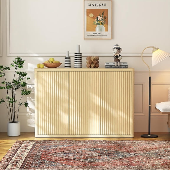 Roromall 47" Fluted Buffet Cabinet, Modern Accent Sideboard with 3 Doors & Adjustable Shelves, Credenza Buffet Table Entryway Cabinets for Dining Living Room Kitchen Hallway