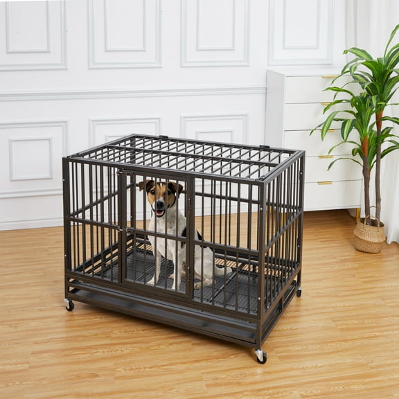 Roromall 48" Heavy Duty Dog Crate, Large Dog Crate with Wheels Sturdy Locks, High Anxiety Indestructible Dog Cage, Double Door and Removable Tray, for All Large Pets