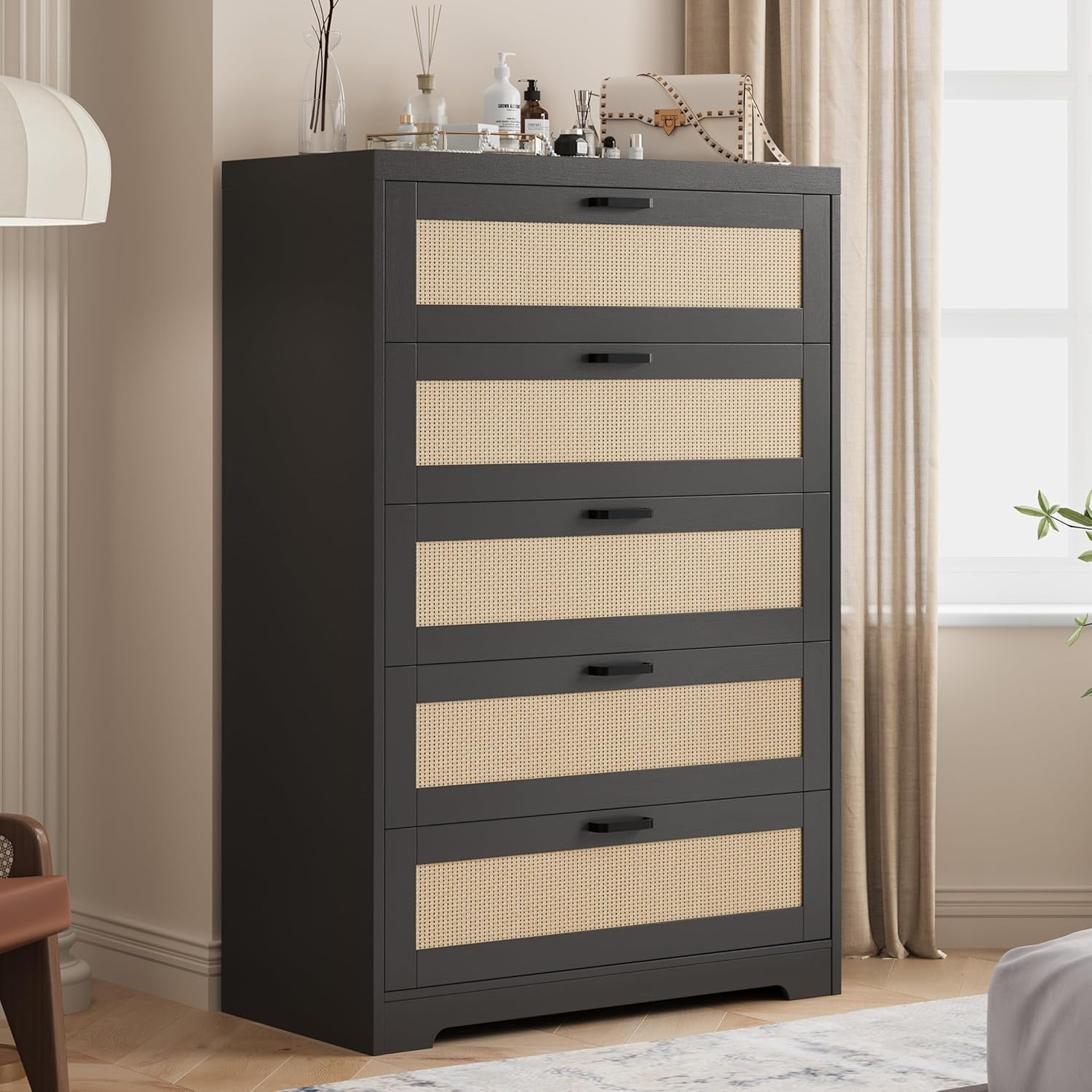 Black Double MDF Rattan Tall Dresser with Metal Handles
