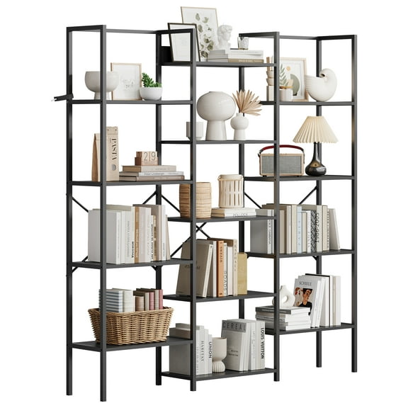 Roromall 5-Tier Triple Bookshelf with 14 Adjustable Shelves, Industrial Steel Frame with X-Back Brace, Reinforced Anti-Tip Design Vintage Bookshelf for Living Room, Office, Home