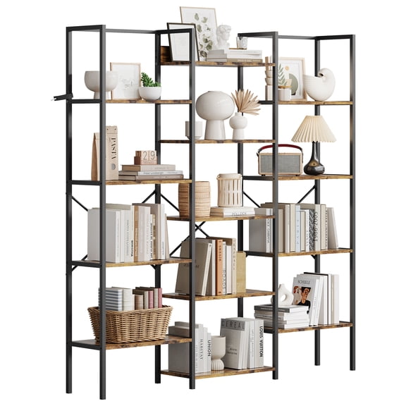 Roromall 5-Tier Triple Bookshelf with 14 Adjustable Shelves, Industrial Steel Frame with X-Back Brace, Reinforced Anti-Tip Design Vintage Bookshelf for Living Room, Office, Home