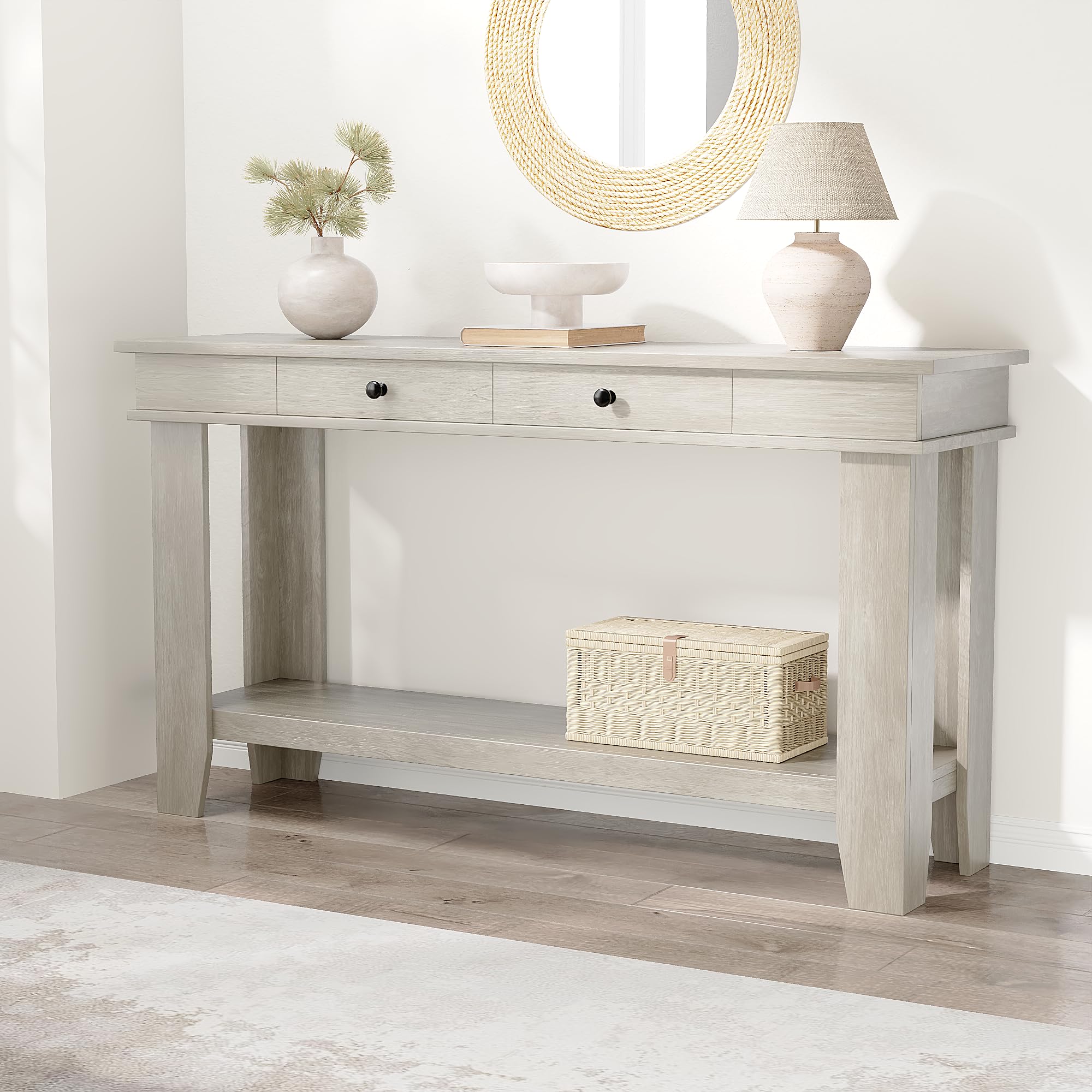 Roromall 54" Wood Console Table with 2 Drawers & Lower Shelf, Farmhouse Sofa Table for Entryway, Hallway, Living Room, Behind Couch