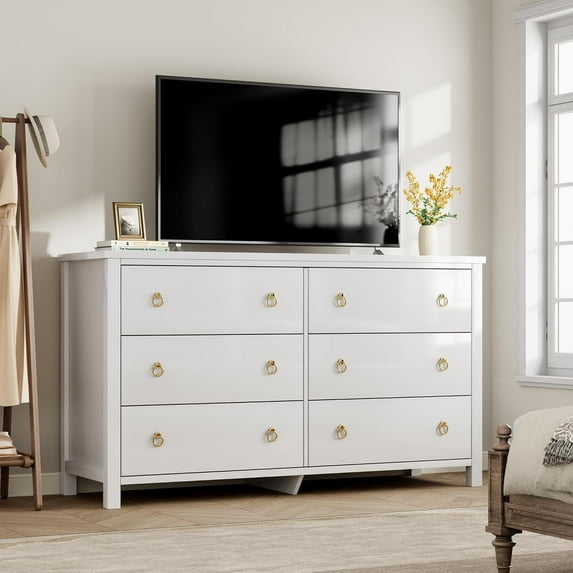 Roromall 6 Drawers Dresser for Bedroom, Modern Dresser Chest with Storage, Wooden Closet Dressers with Drawers Freestanding for Nursery, Living Room, White