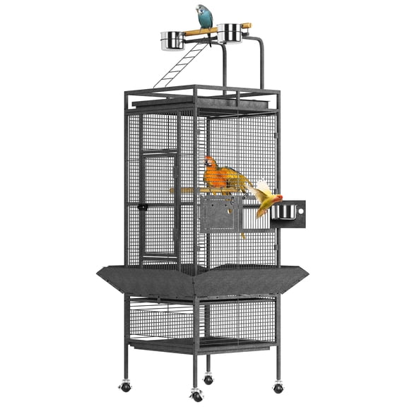 Roromall 61" Large Bird Cage Rolling Wrought Parrot Cage with Play Top & Bowls for Mid-Sized Parrots Cockatiels Conures Parakeets Lovebirds Budgie Finch