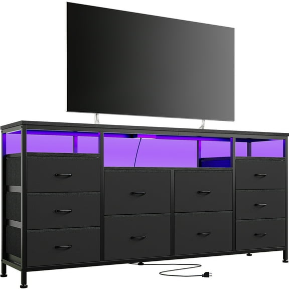 Roromall 63.3" Dresser for Bedroom, 10 Drawer Dresser TV Stand for 65 70 75 inch TV, Fabric Chest of Drawers with LED Lights & Power Outlets, Entertainment Center for Closet, Living Room, Entryway