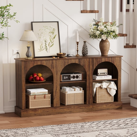 Roromall 63" Modern TV Stand with Power Outlets, Console Table with Charging Station for Entryway Living Room, 3-Tier Entertainment Center for 70" TV, Media Console with Open Shelves