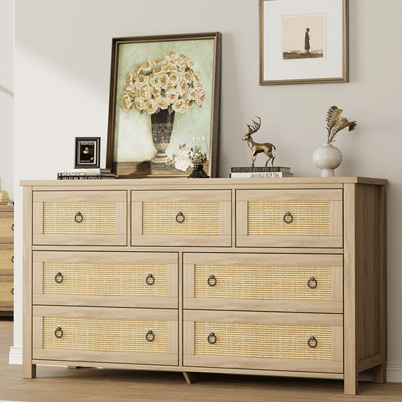 Roromall 7 Drawers Dresser for Bedroom, Chest of Rattan Drawers with Large Clothes Storage Cabinet, Wood Bedroom Dresser, TV Stand for Nursery, Living Room, Hallway
