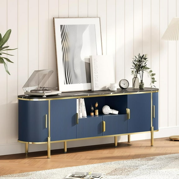 Roromall 70" Luxury Fluted TV Stand for TVs Up to 80", Modern Entertainment Center with Faux Marble Top, Curved Sliding Doors and Adjustable Shelves, Media Console for Living Room