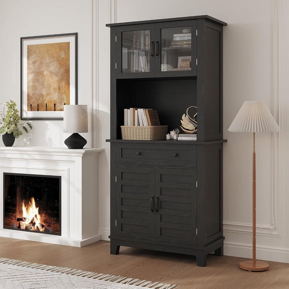 Roromall 72" Kitchen Pantry, Farmhouse Coffee Bar Table with Storage Drawers & Glass Doors, Stand Cabinet for Kitchen, Dining Room