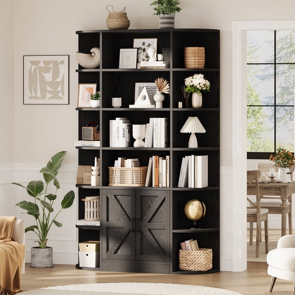 Roromall 75" Tall Wooden Bookcase, 6 Tier Book Shelf Farmhouse Display Bookshelf Storage Cabinet with Doors and Open Shelves for Bedroom Living Room Office