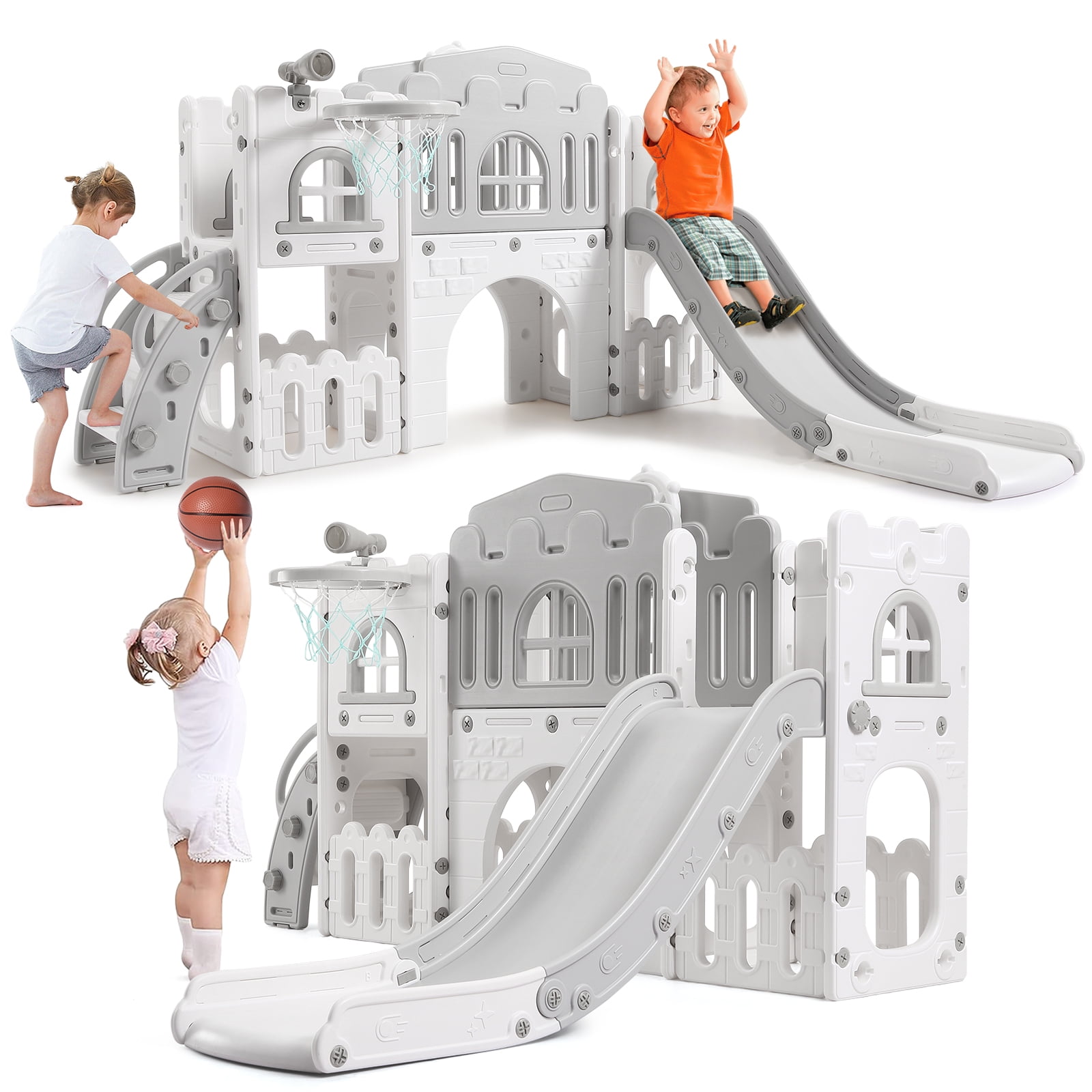 Roromall 8-in-1 Toddler Indoor Playground with Slide, Baby Slide Playset for Ages 1-3 Outdoor Play, Kids Slide with Basketball Hoop, Climber, Crawling Tunnel, Telescope, Toy Storage