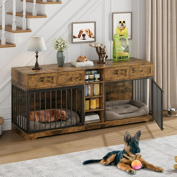 Roromall 82" Large Double Dog Crate Furniture, Modern Dog Kennel Indoor for 2 Dogs, Heavy Duty Wooden Dog Crate TV Stand with 4 Drawers and Shelves