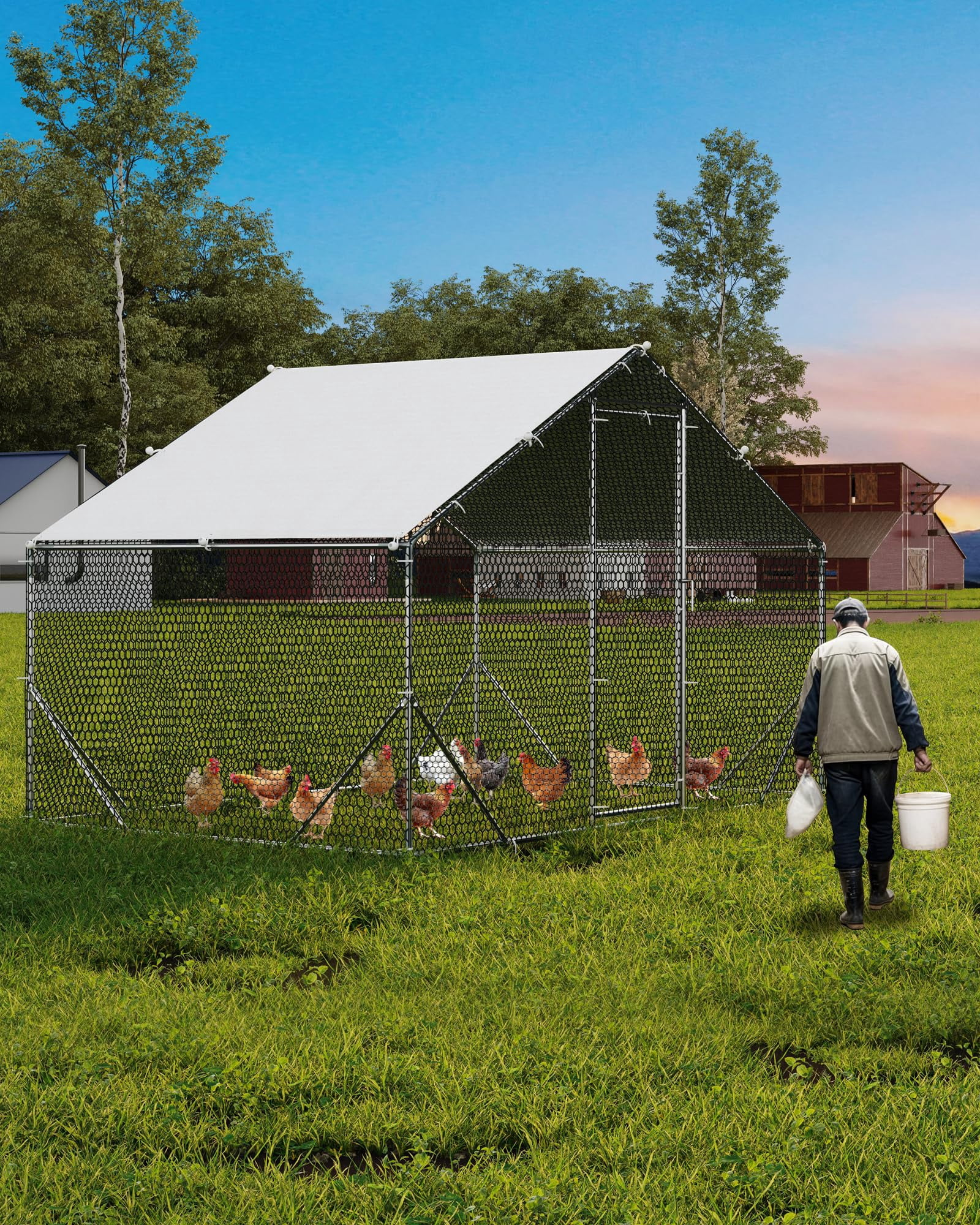 Roromall 9.8 x 6.6 x 6.4 FT Outdoor Metal Dog Kennel, Large Outside Dog House, Heavy Duty Dog Run Enclosure Playpen Coop Fence with Waterproof and Anti-UV Cover Roof