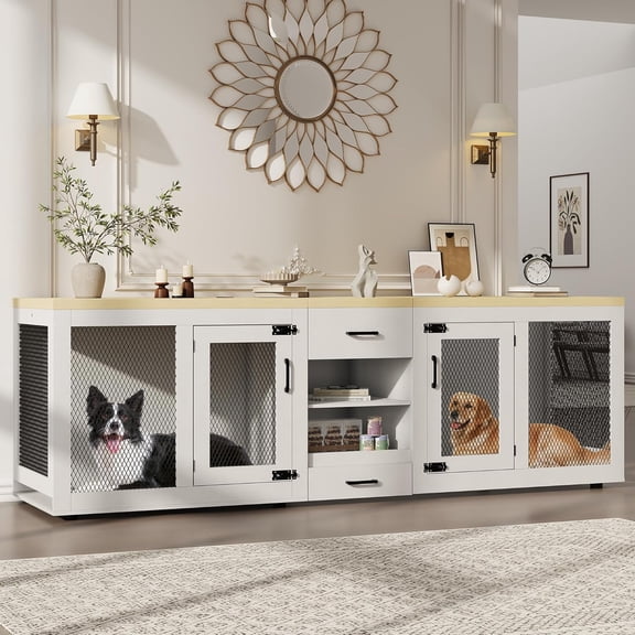 Roromall 90" Large Dog Crate Furniture, Double Dog Crate with Feeding Station & Storage, Heavy Duty Dog Kennel Furniture for 2 Dogs