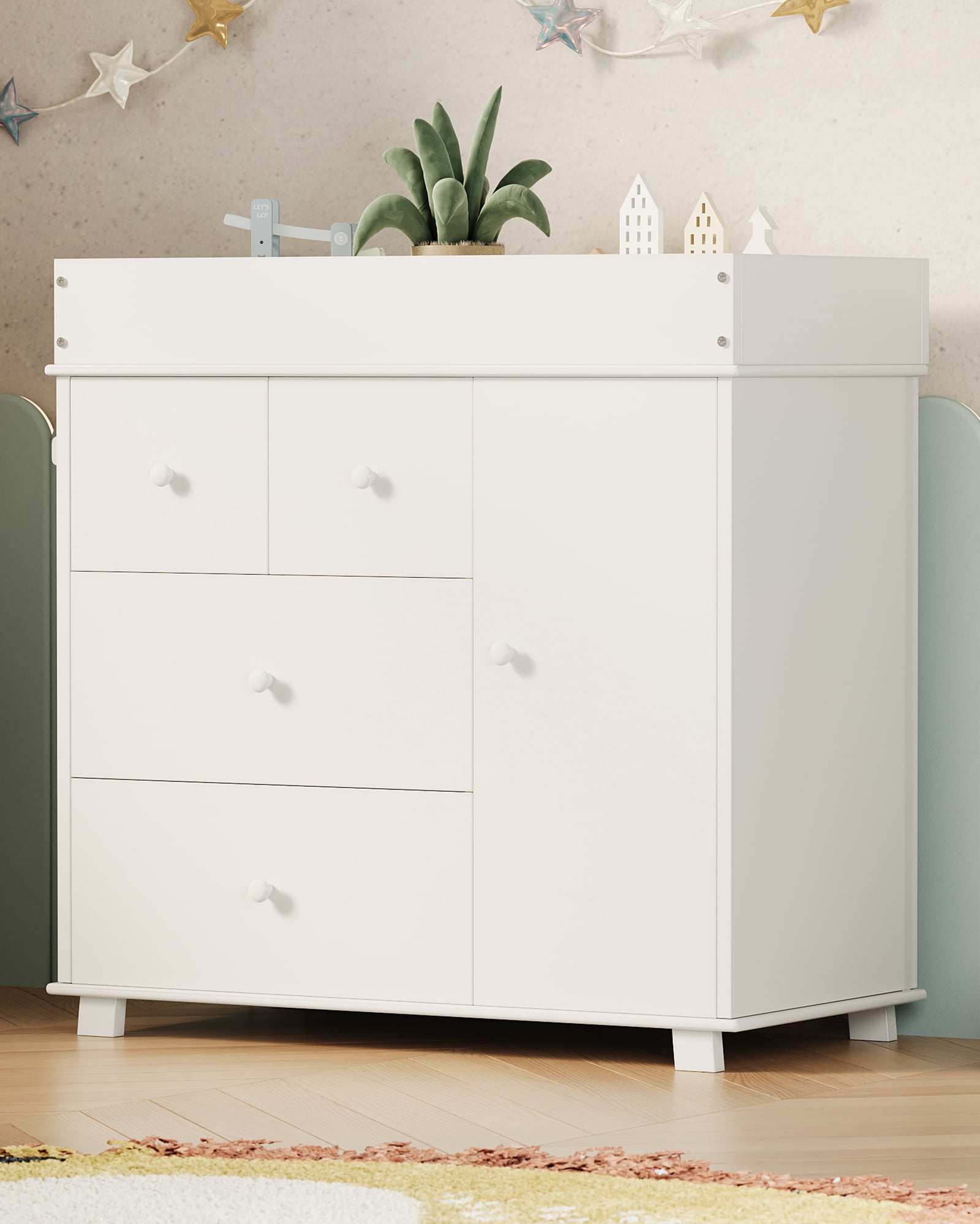 Roromall Baby Dresser with Changing Table Top, 4 Drawers Nursery Dresser with Door, Infant Diaper Changing Station Baby Cloth Organizer for Nursery and Bedroom