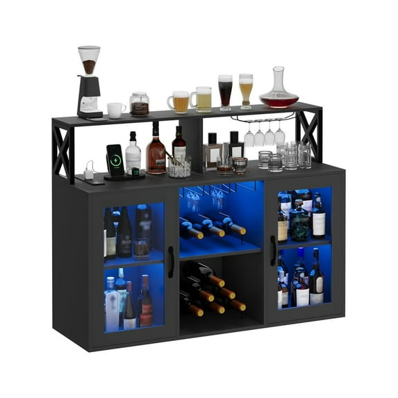 Roromall Bar Cabinet with LED Light, Liquor Cabinet with Power Outlets, Glass Holder, Wine Cabinet with Storage, Wine Cabinet with Racks for Home, Kitchen