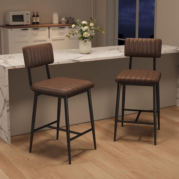 Roromall Bar Stools Set of 2, Tall Bar Chairs with Cushion & Thickened Metal Legs, PU Leather Counter Height Barstools w/Backrest and Footrest, for Island, Counter Bar, Kitchen