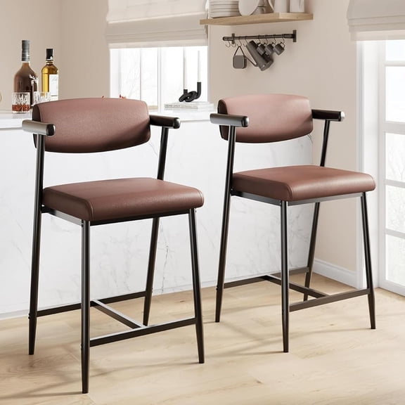 Roromall Bar Stools Set of 2, Upholstered Counter Height Bar Stools with Armrest, Wider Thickened Cushion, 2 Piece Bar Chairs with Backrest for Bar, Dining Room, Kitchen
