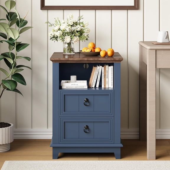 Roromall Blue Nightstand Wooden Farmhouse End Table Bed Side Table with with Charging Station 2 Drawers and Open Shelf for Bedroom Living Room