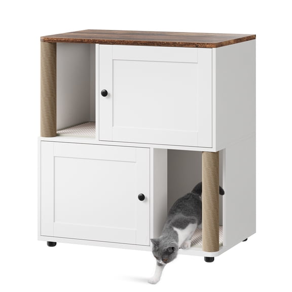 Roromall Cat Litter Box Enclosure Furniture, Hidden Litter Box, Modern Double Layer Cats Washroom Furniture with Scratch Mat and Cat Scratching Post, Side End Table for Living Room Hallway