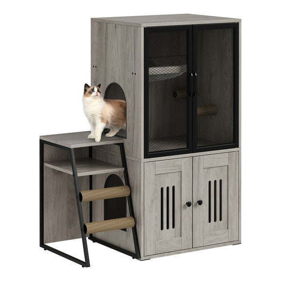 Roromall Cat Litter Box Enclosure for 2 Cats, Double Cat House with Doors & Storage Space, Enclosed Litter Box Furniture with Ladder